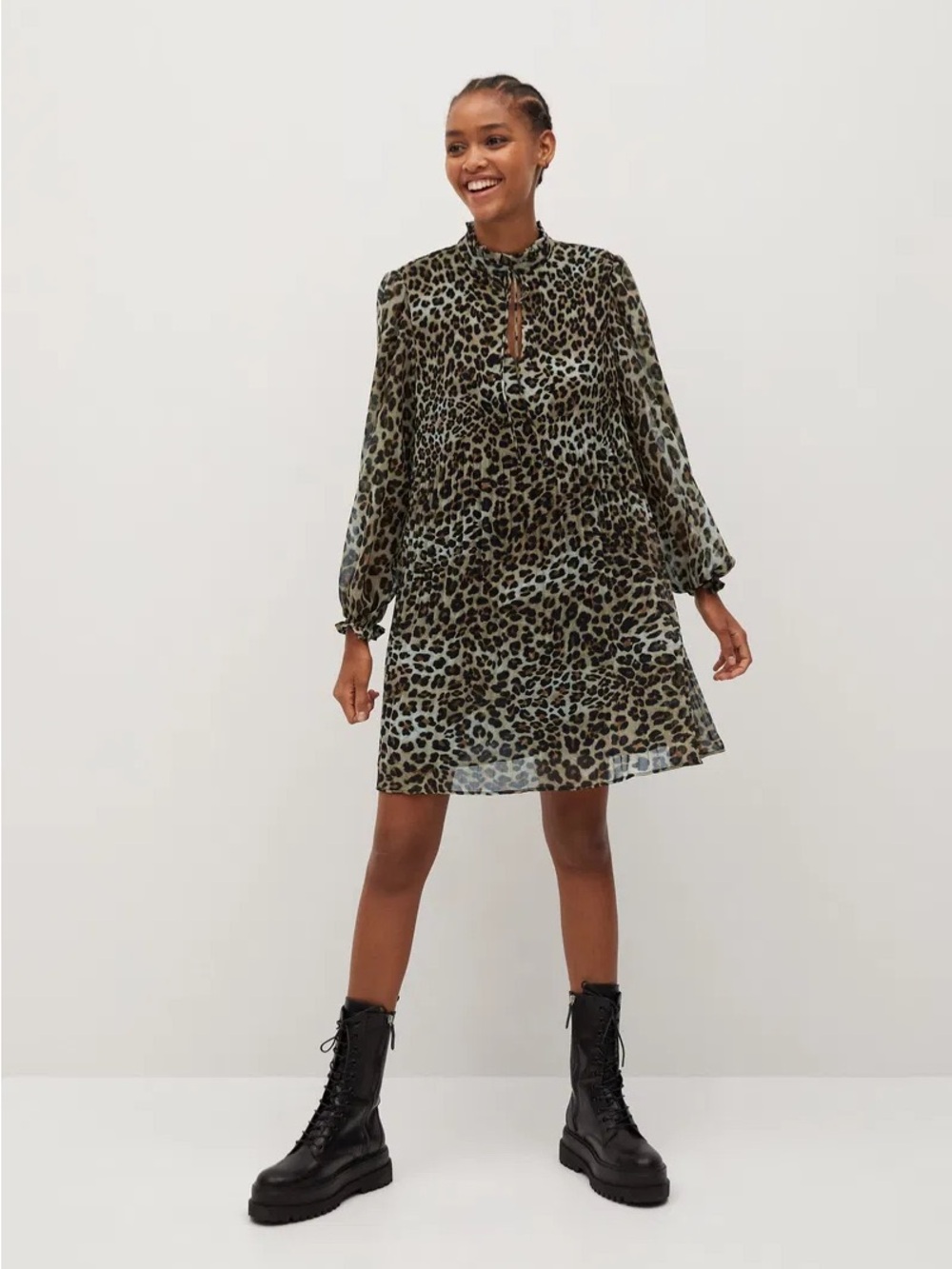 Mango Olive Green Leopard-Print Long-Sleeve Shift Dress